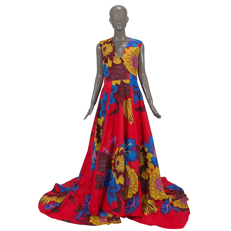 Женское платье в африканском стиле с вощеным принтом Bazin Riche, длинное платье макси, сексуальное платье с глубоким v-образным вырезом без рукавов для свадебной вечеринки WY3703