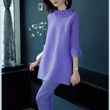 2-piece stretch elastic pearl long-sleeved pants solid color suit large size spring autumn folding women's elegant 2020 large