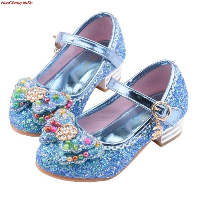 

Princess Kids Leather Shoes For Girls Flower Casual Glitter Children High Heel Girls Shoes Butterfly Knot Blue Pink Silver