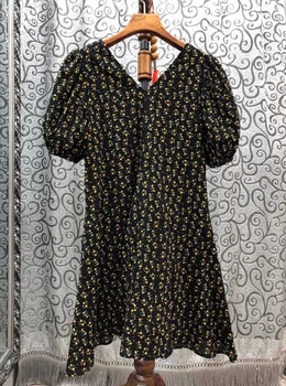 

Top Quality Silk 2020 Summer Style Women V-Neck Little Yellow Flower Print Puff Sleeve Straight Black Tunic Dress Vestidos