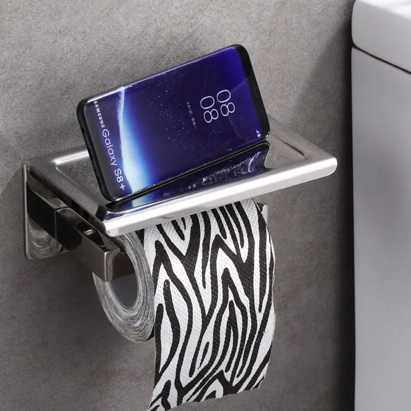 Toilet Paper Holder DOOKOLE Bathroom Paper Tissue Holder Phone Shelf Wall Mount Toilet Paper Holder Mobile Phone Storage Shelf Chrome