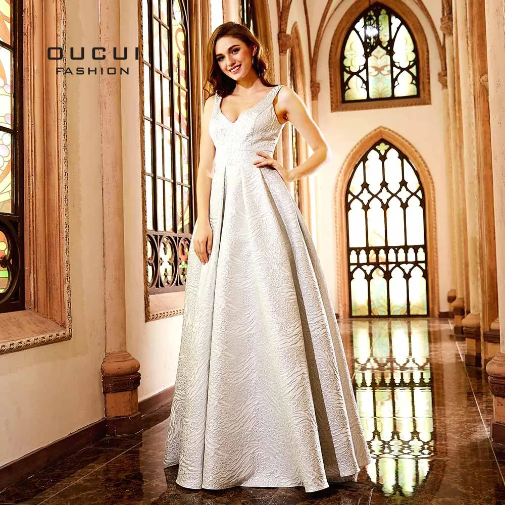platinum Arabic Formal Evening Dresses Long Robe Soiree Sexy V-Neck Backless Satin Long A Line Gown Prom Dress OL103105 - Color: platinum