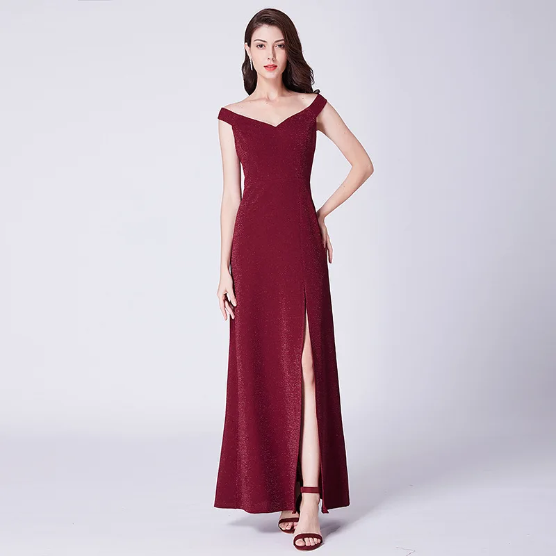 

Elegant V-neck Mermaid Evening Dress Red Split Front Off-shoulder Dress Creative Design of Backstyle Simple Dress for Party