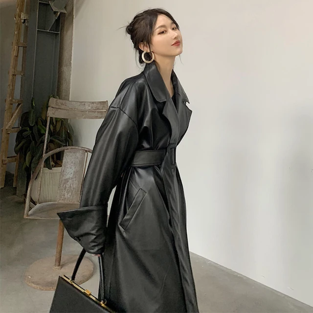 Long oversized leather trench coat for women long sleeve lapel loose fit Fall Stylish black coat