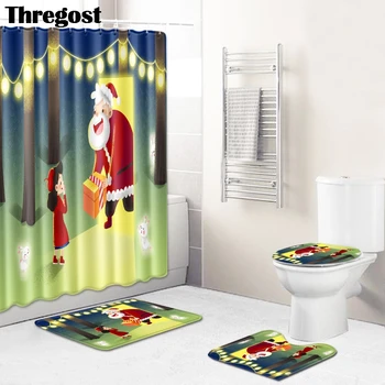 

Anti Slip Mat for Bathroom 3pcs with Shower Curtain Christmas Cartoon Print Toilet Carpet Bath Room Rugs Water Absorbent Mats