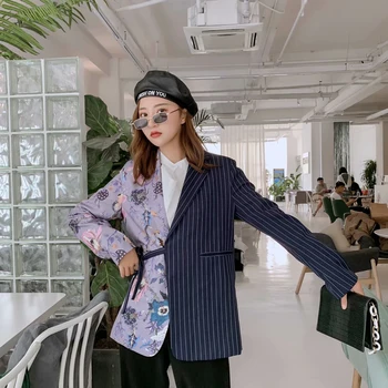 

2020 Spring Loose Women's Irregular Stripes Stitching Flowers Printing Chic Lace-up Blazer Plus size Mid-length Casual Suit coat
