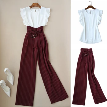 

Women's set 2020 summer new Korean fashion chiffon shirt was thin stripe wide leg pants two set of temperament fashion clothing