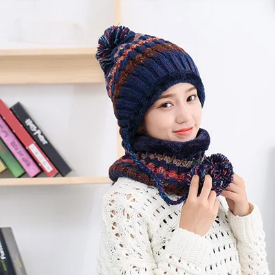 Navy blue SUEF/женская шапка женская осенняя и зимняя вязаная шапка дикая Молодежная защита ушей зимняя теплая плюс бархатная Толстая велосипедная шерстяная шапка женская - Цвет: Navy blue