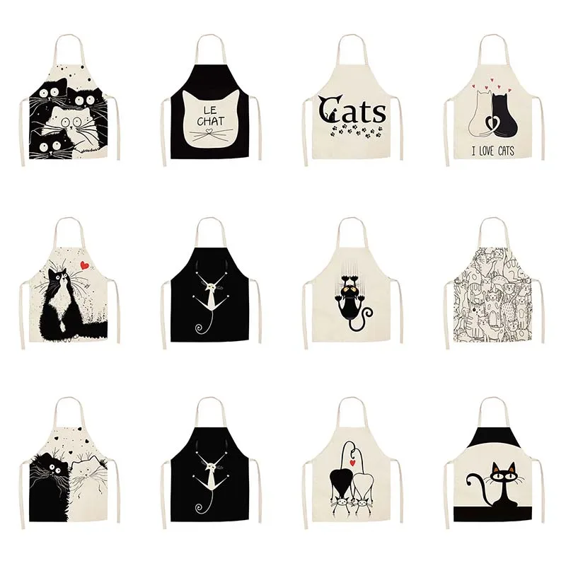 Cotton Linen Cute Cat Cartoon Apron Kitchen Cooking Bib Funny Aprons For Women Men Baking Accessories Clean Home Tools c2715