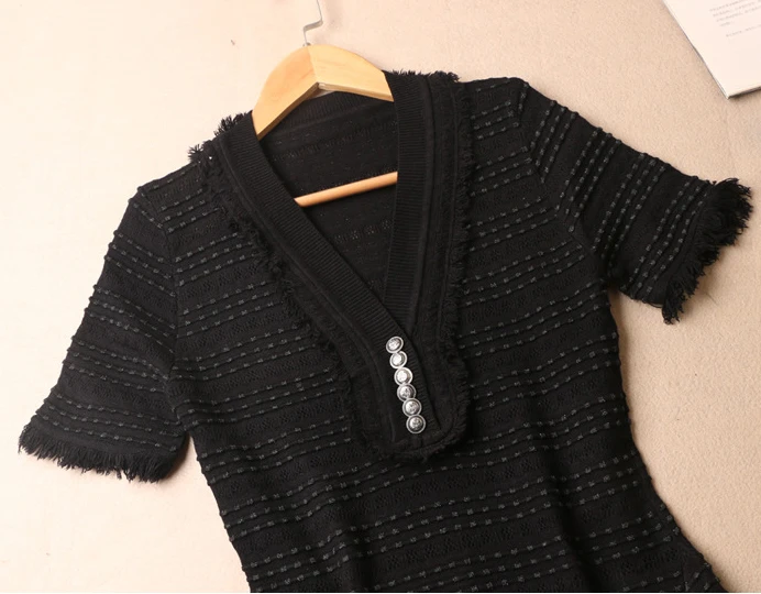 Autumn White Knitted Dress Elegant Women Long Sleeve V-neck Sexy Party Dress Striped Tassel Black Winter Sweater Dresses