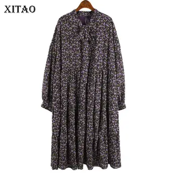 

XITAO Vintage Chiffon Dress Fashion New Pleated Loose Pullover Bow Bandage 2020 Spring Summer Minority Casual Dress XJ3905