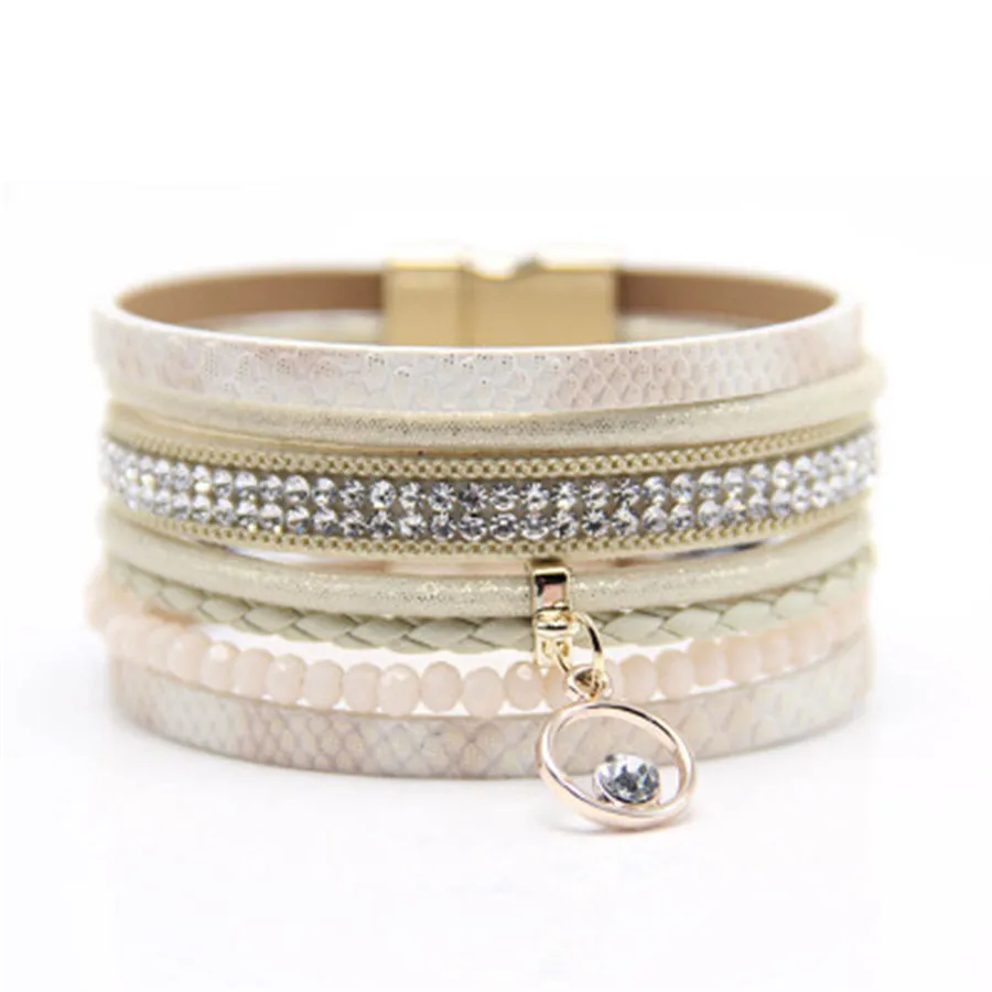 New Bohemian Colorful Multilayer Rope Woven Leather Magnet Buckle Bracelet Bangles Handmade Vintage Fashion Jewelry For Women - Окраска металла: 7
