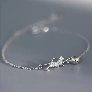 

New Cute Flash Crystal Cat Playing Ball Round Bell 925 Sterling Silver Jewelry Personality Luxury Women Gift Bracelets SB219