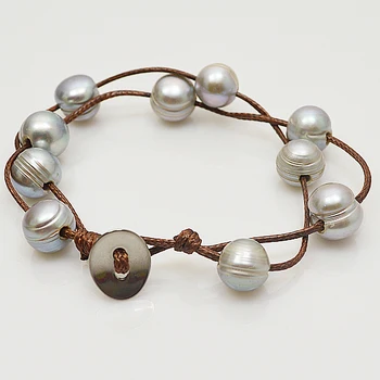 

Perfect Women Girl Birthday Party Gift Real Pearl Jewelry Gray Color 10mm Potato Round Freshwater Pearl Brown Leather Bracelet