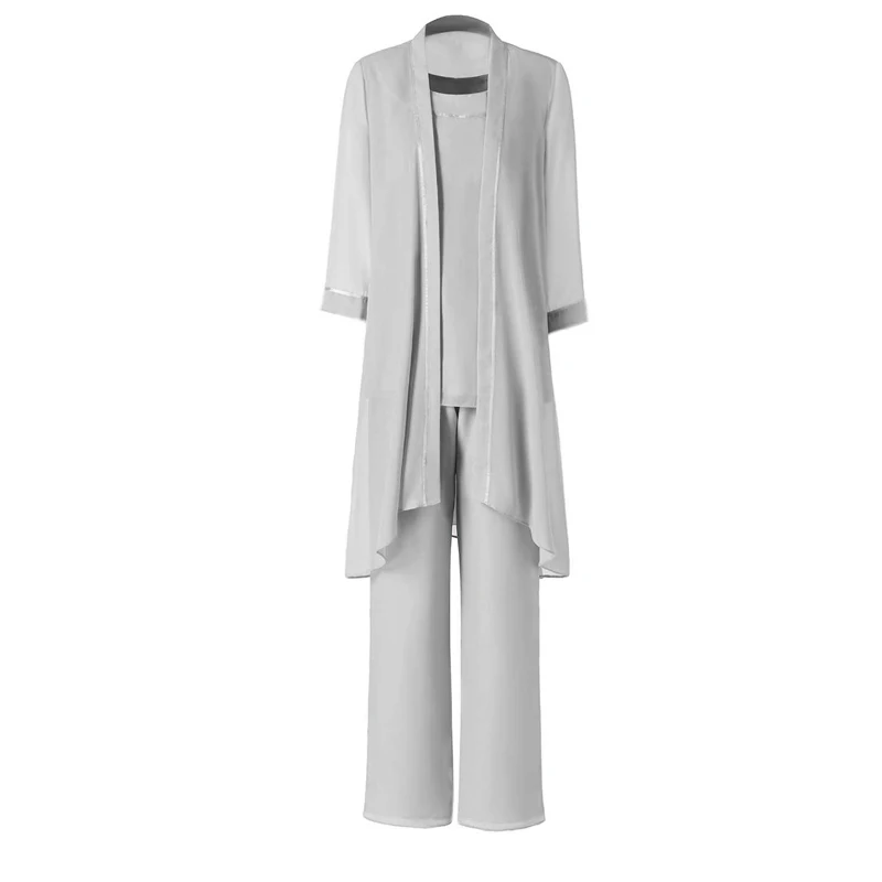 

Women's Chiffon Mother of The Bride pant suits 2020 Pants Suits Plus Size 3 Pieces jacket outfit Long sleeves for wedding dress