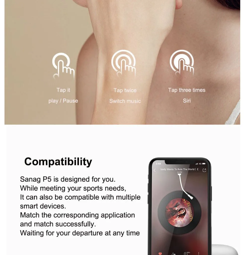 Sanag P5 Bluetooth 5.0 TWS Earbuds Binaural Call Fingertips Control Siri Google Assistant 500mAh Charging Case IP5 with Mic - Rose Gold