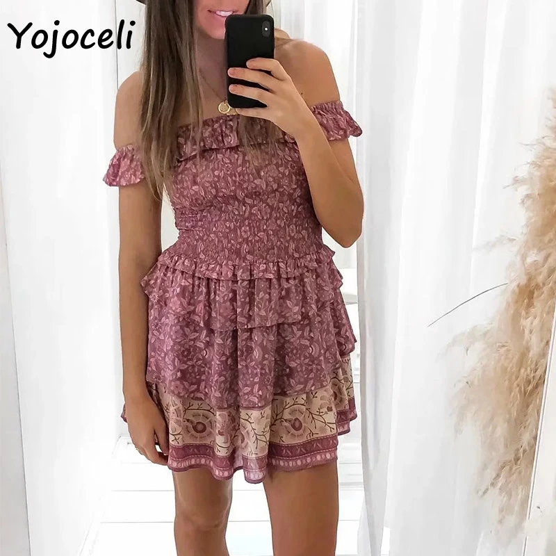 Yojoceli Бохо с открытыми плечами пляжное платье мини-платье с оборками свободное платье с принтом женское платье vestidos
