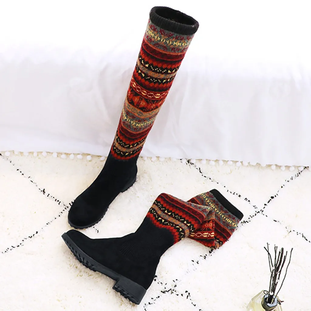 Spring Winter New Women Winter Warm Med Heels Cool Retro Slip On Kneeth Sexy Snow Boots Shoes long boots sock boots#O18