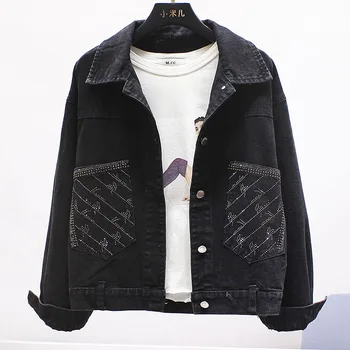 

Black Jeans Coat Women's Loose-Fit Short 2020 Spring Fall New Fashion Short Hot Drilling Jean Jacket Fashion Lady Denim Coats