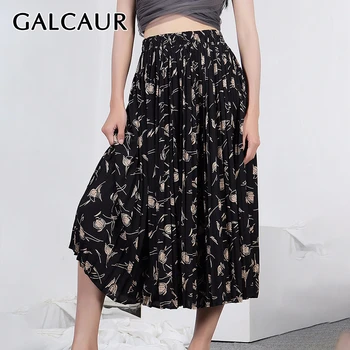 

GALCAUR Korean Chiffon Women's Skirt High Waist Print Hit Color Pleated Midi Skirts Female Summer 2020 Casual Fashion New