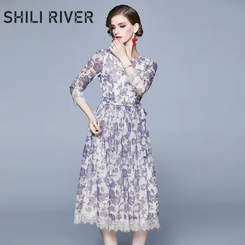 

2020 new spring summer designer long dress for women half sleeve slim casual lace elegant floral embroidery pleated dresses belt