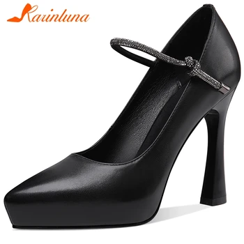 

Karinluna Hot Sale 2020 Genuine Cow Leather Mary Janes Pumps Woman Shoes Pointed Toe Spring Office Lady Pumps Women Shoes
