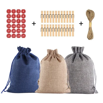 

24 Days Christmas Linen Hanging Advent Calendars Countdown Drawstring Gift Bags Candy Biscuit Pouches Present Gift Wrap