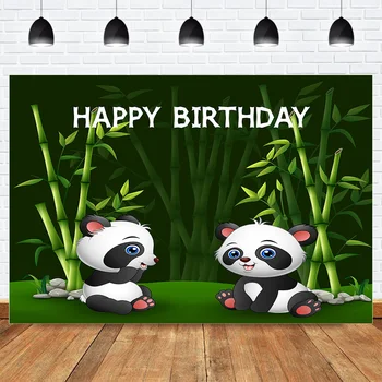 

Cartoon Panda Happy Birthday Photography Backdrop Green Bamboo Newborn Baby Jungle Panda Baby Shower Background for Photo Studio