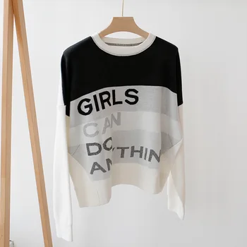 

Women Sweater 2019 Autumn / Winter Contrast Color Letter Sweater Women's Loose Fashion Short Sweater