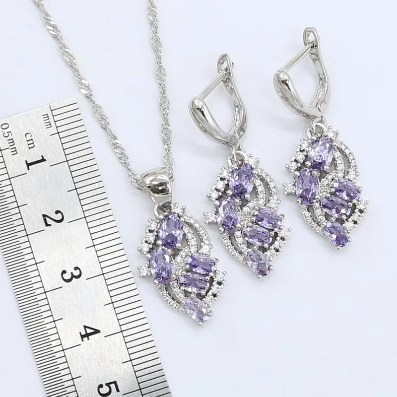 925 Silver Wedding Jewelry Sets for Women Purple Semi-precious Necklace Pendant Earrings Ring Bracelet Christmas Gift