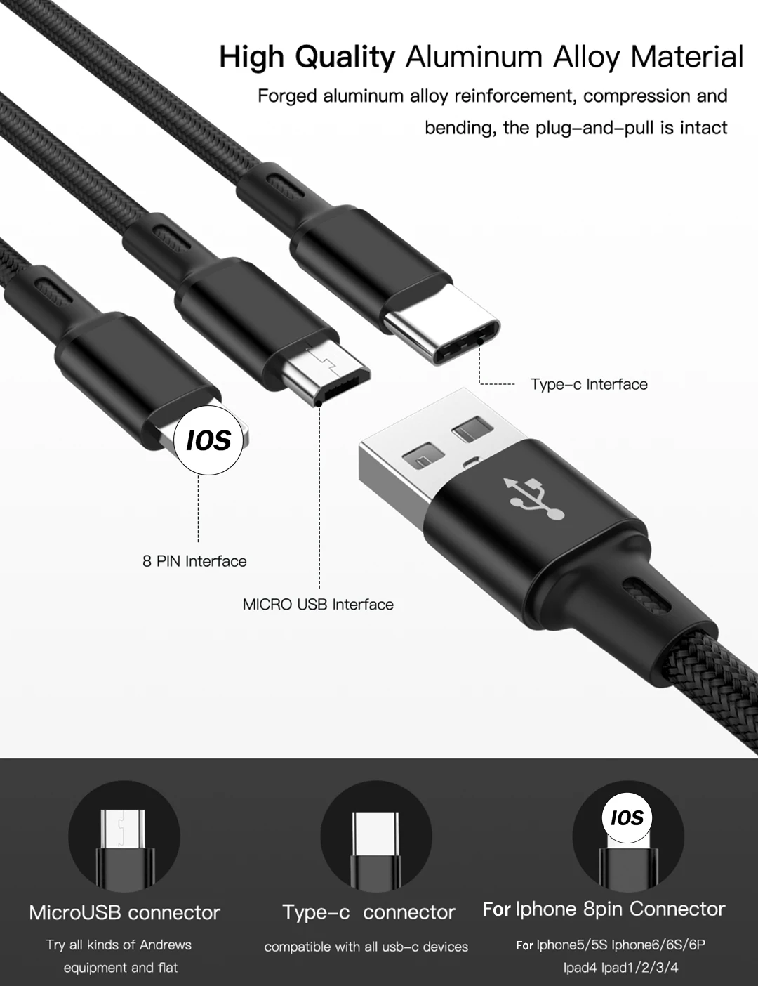 3 в 1 USB кабель для iPhone 5 6s 7 ipad Micro USB для samsung Galaxy Android type C Быстрая зарядка зарядное устройство Шнур для huawei Xiaomi
