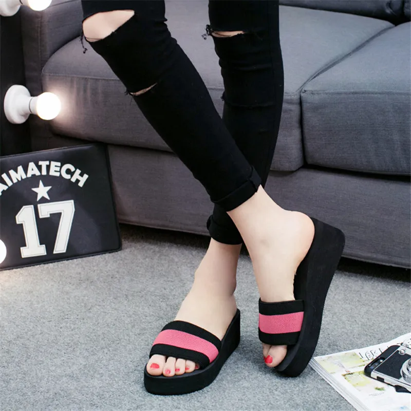 

Stretch Fabric Gingham Wedges slippers women 2019 new summer shoes women Fashion Mixed Colors flip flops Platform Slides female