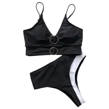

Women Sexy Two Piece Bikini Set Hollow Out V-Neck O-Rings Bralette Swimsuit Color Block High Waist Bottoms Thong Bathing Suit