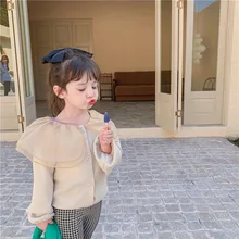 

Spring Autumn Girls Lace Big Turn-Down Collar Blouse Shirts Fashion Children Long Sleeve Loose Cotton Blouses Kids Knitted Tops