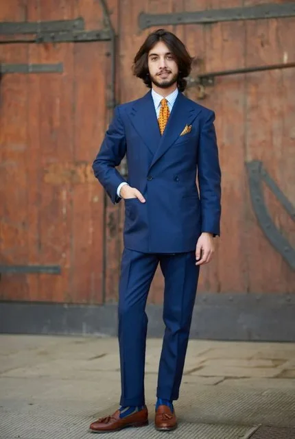 

Double Breasted Prom Men's Suits 2 Pieces (Jacket + Pants + Tie) Latest Coat Pants Designs Navy Blue Classic Slim Fit