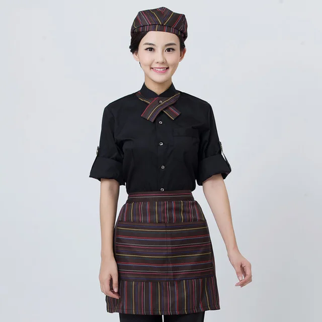 long sleeve Полный комплект форма для официантов ресторана шляпа+ рубашка+ фартук Кофе магазин Униформа официантки Для мужчин одежда повара отеля пекарня, Повседневная обувь - Цвет: long sleeve