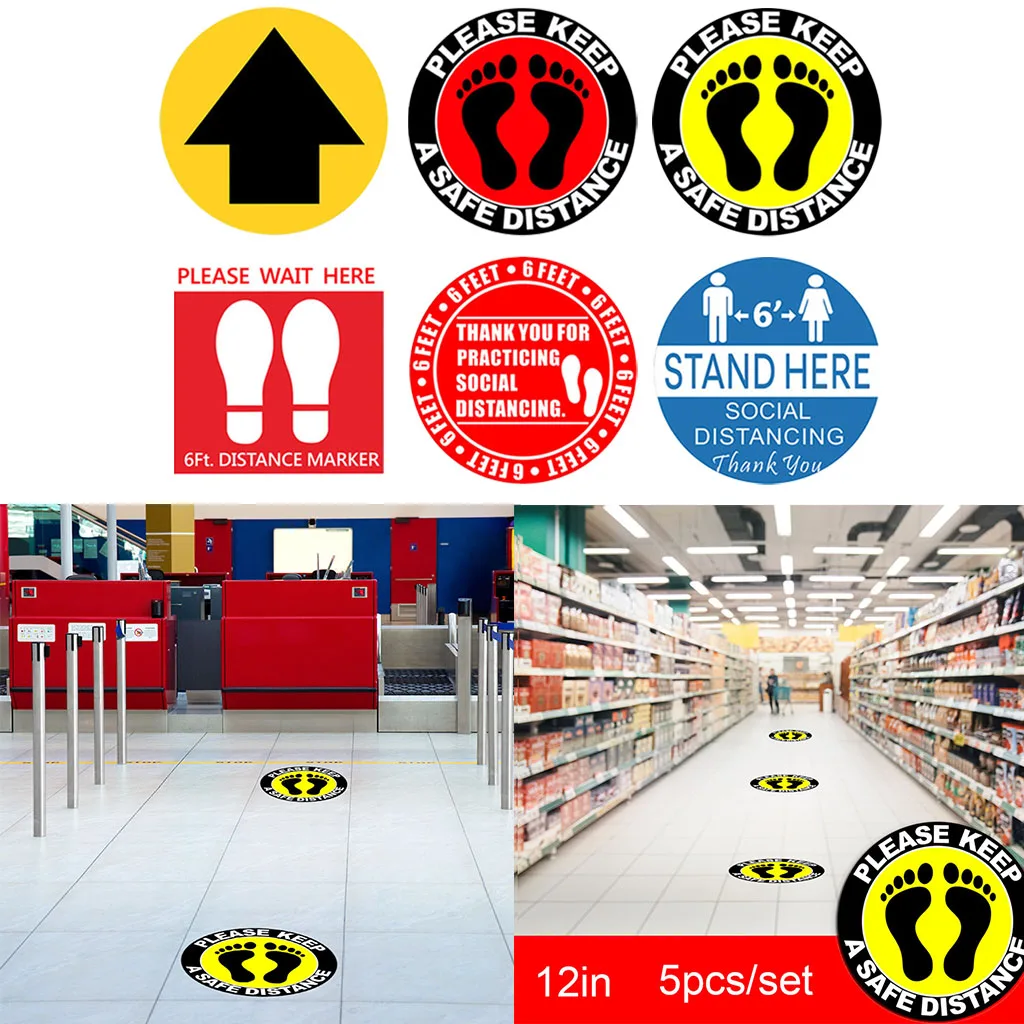 5pcs Please Social Distancing Arrow Feet Signs Floor Decals Health Safety Sign