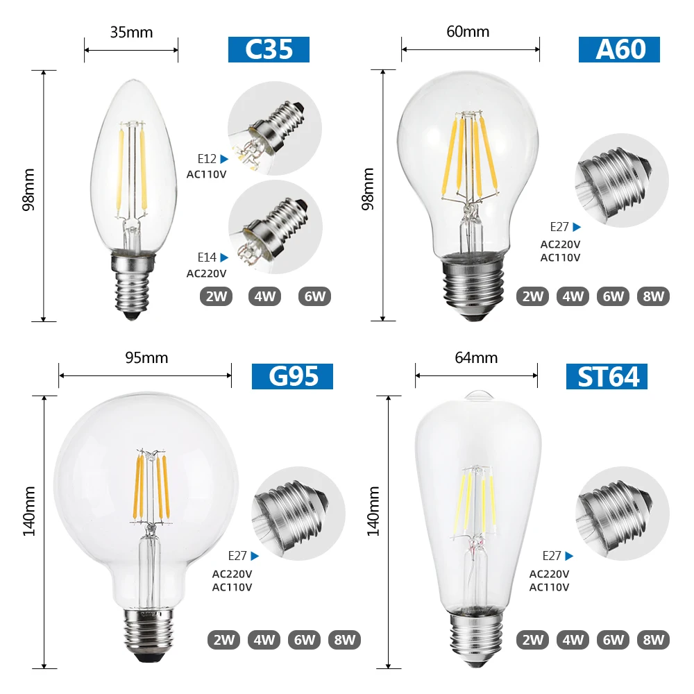 Светодиодная лампа E27 220v 110v 2W 4W 6W 8W E14 Светодиодная лампа электрическая лампочка с регулируемой яркостью Ретро лампа накаливания Эдисона G95 ST64 A60 C35 E12 лампа в форме свечи