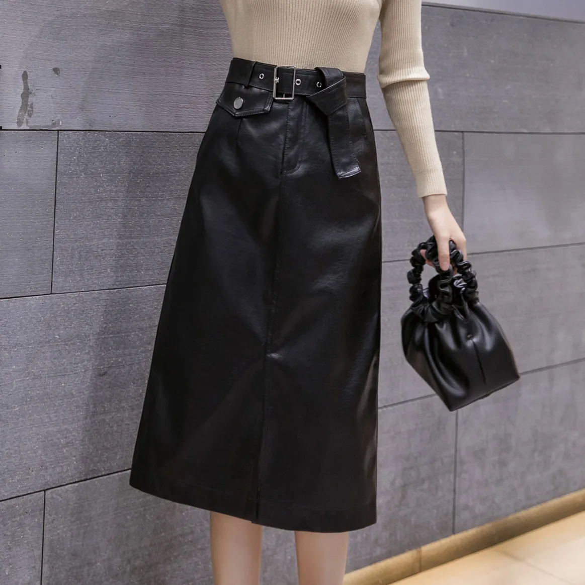 REALEFT New Midi PU Leather Skirts Fashionable Midi Skirt With Pocket Slash Bottom Split Women Casual Skirts Female