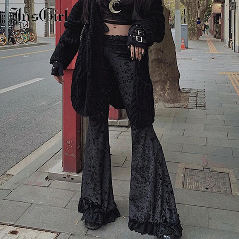 Velvet Pants Grunge Lace Patchwork Harajuku Punk Mall Goth Insgirl Black Dark Street