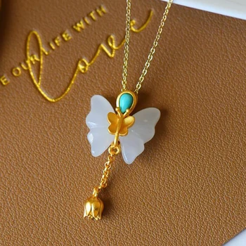 

New Silver Natural Hotan white jade Turquoise butterfly long pendant necklace Chinese style retro court charm women's jewelry