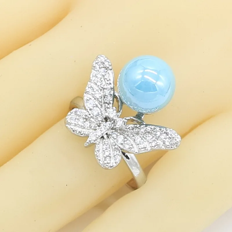 Жемчужные Свадебные украшения наборы для женщин серьги из серебра 925 кольца ожерелье кулон Небо Браслет из голубых кристаллов - Окраска металла: Ring