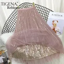 4 слоя модное платье с блестками и Тюлевая юбка Для женщин сезон: весна–лето в Корейском стиле длинная юбка макси Высокая талия юбка в складку