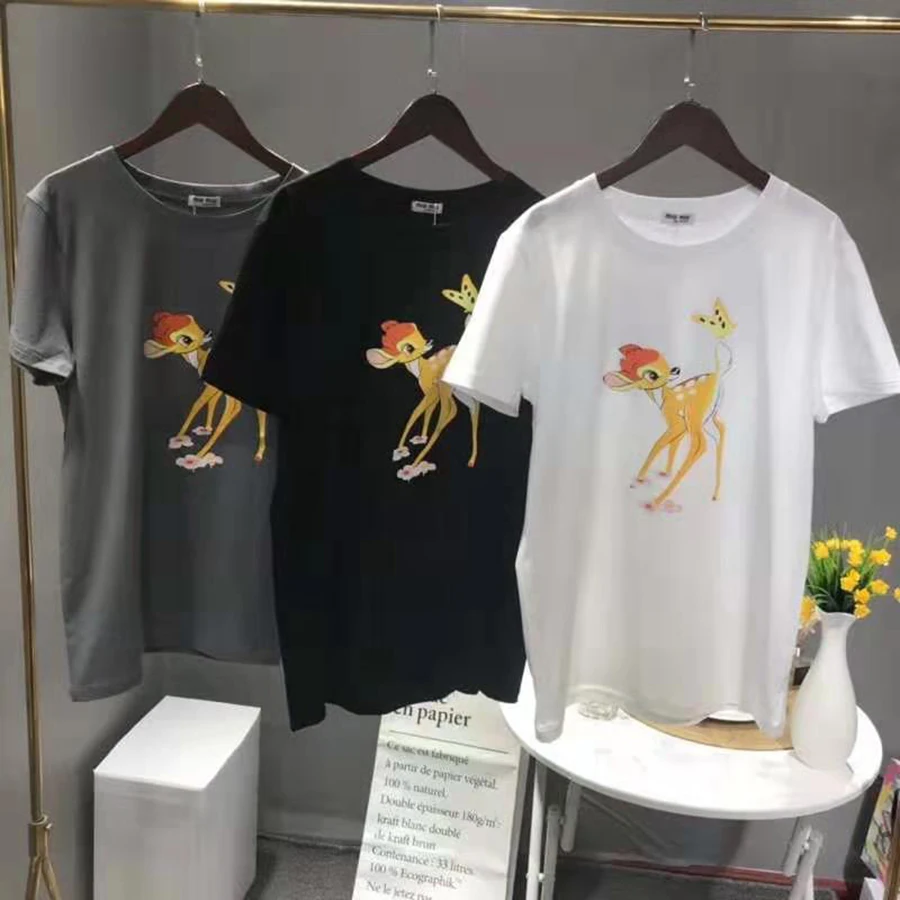 Summer New Arrive Luxury Brand Women T-shirt Fawn Butterfly Print Pattern Letter Print Design Short Sleeve Top