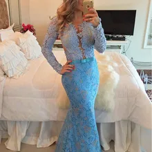 Elegant Prom Dress Mermaid Crew Florr-length Long Sleeves Blue Lace Prom Dress with Appliques Beading