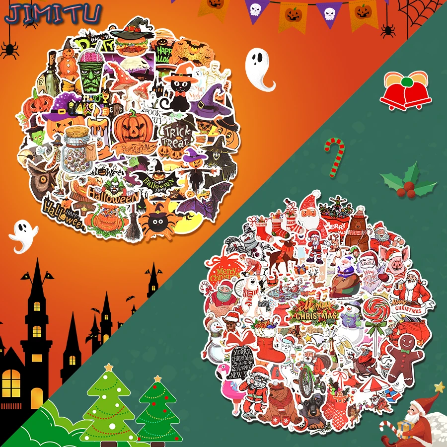 Cartoon Christmas Stickers for Kid Halloween Gift Decorative Sticker Waterproof Neon on Laptop Scrapbook Party Festival Wrapping 100 pcs merry christmas stickers 3 9cm animals snowman trees decor stickers for small business wrapping gift box christmas tags