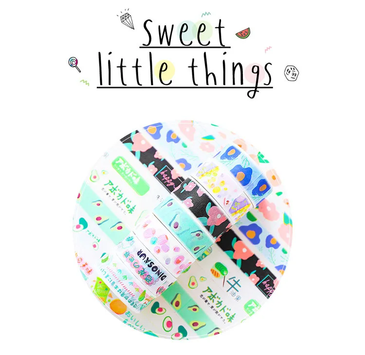 5 Pcs/Set Cute Avocado Washi Tape Decorative Adhesive Tape Kawaii Flower Masking Tape For Diary Scrapbooking Stationery Tape