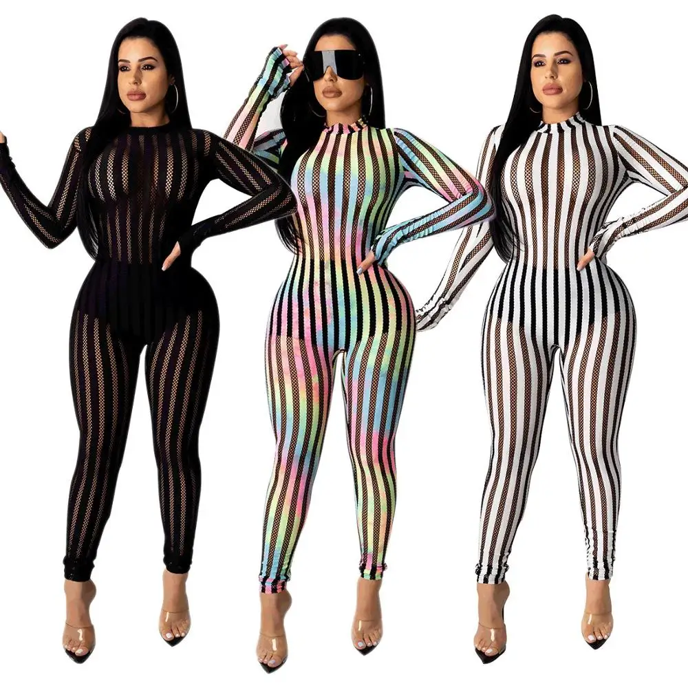

Sexy Women Stripe Patchwork Jumpsuit Elegant Long Female Overalls Transparent Body Suit See Through Night Party Jumpsuit Plus