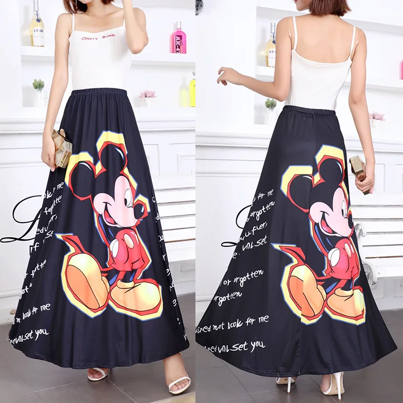 Disney Mickey Mouse cartoon print casual fashion new skirt female high waist stretch long high quality Bottoms skirt skater skirt