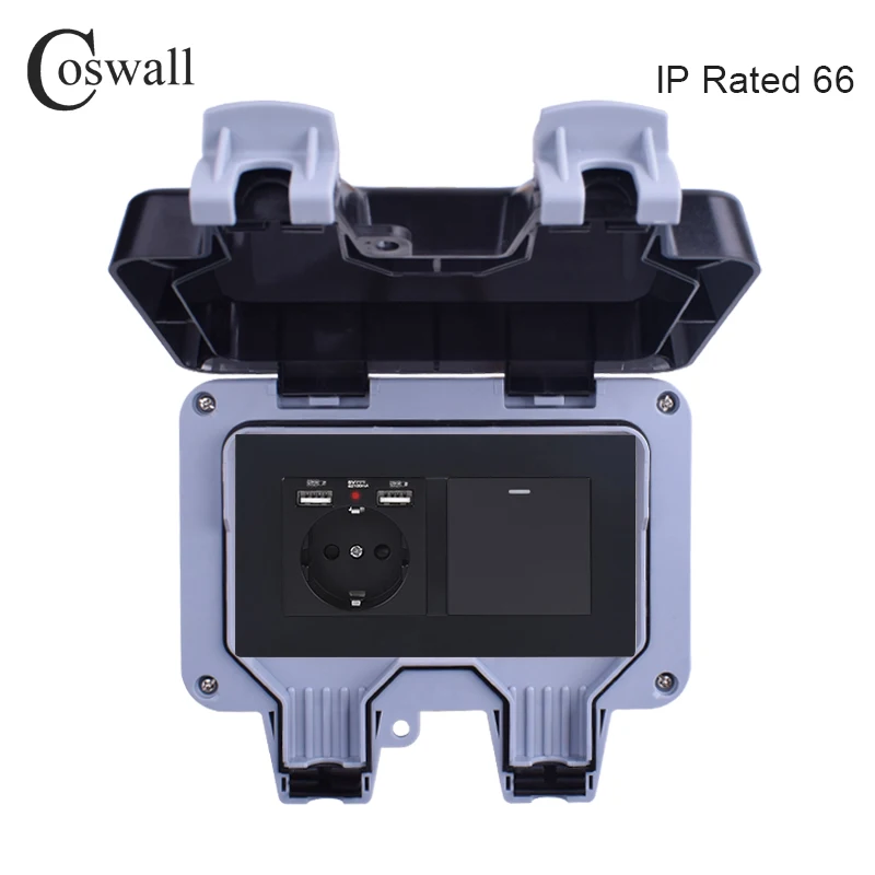 COSWALL Outdoor Wall Socket EU Standard, IP66 waterproof with 2 USB charging port 1 gang 1 way on off light switch white